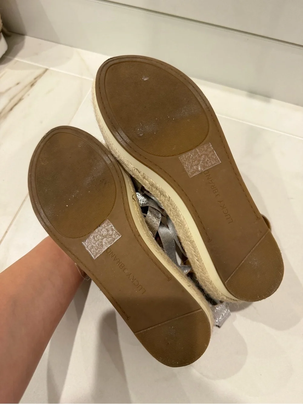 Lucky Brand Silver Metallic Strappy Espadrille Wedge Sandals